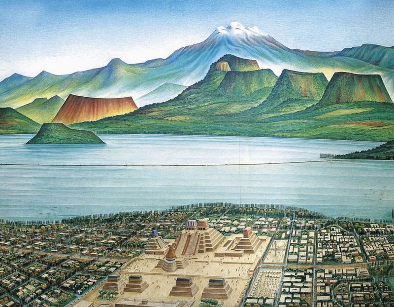Este dibujo muestra una vista panorámica de Tenochtitlan y del valle de México, sobre la laguna de Texcoco.