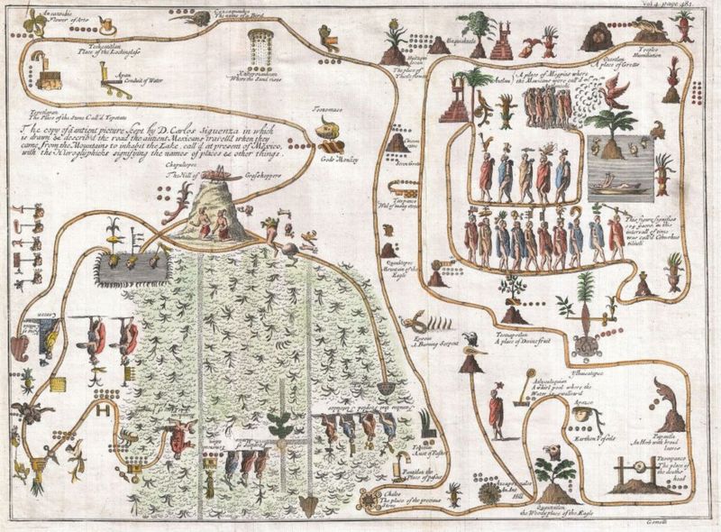El Mapa de Sigüenza es uno de varios documentos históricos que intentaron representar el viaje de Aztlán de los mexicas. Esta ilustración es una adaptación del original.